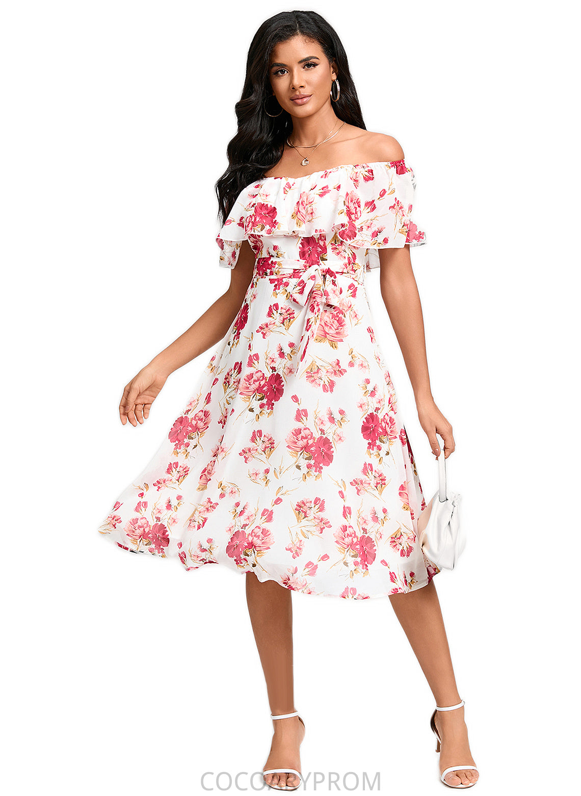 Sydnee A-line Off the Shoulder Knee-Length Chiffon Cocktail Dress With Bow DA8P0022337