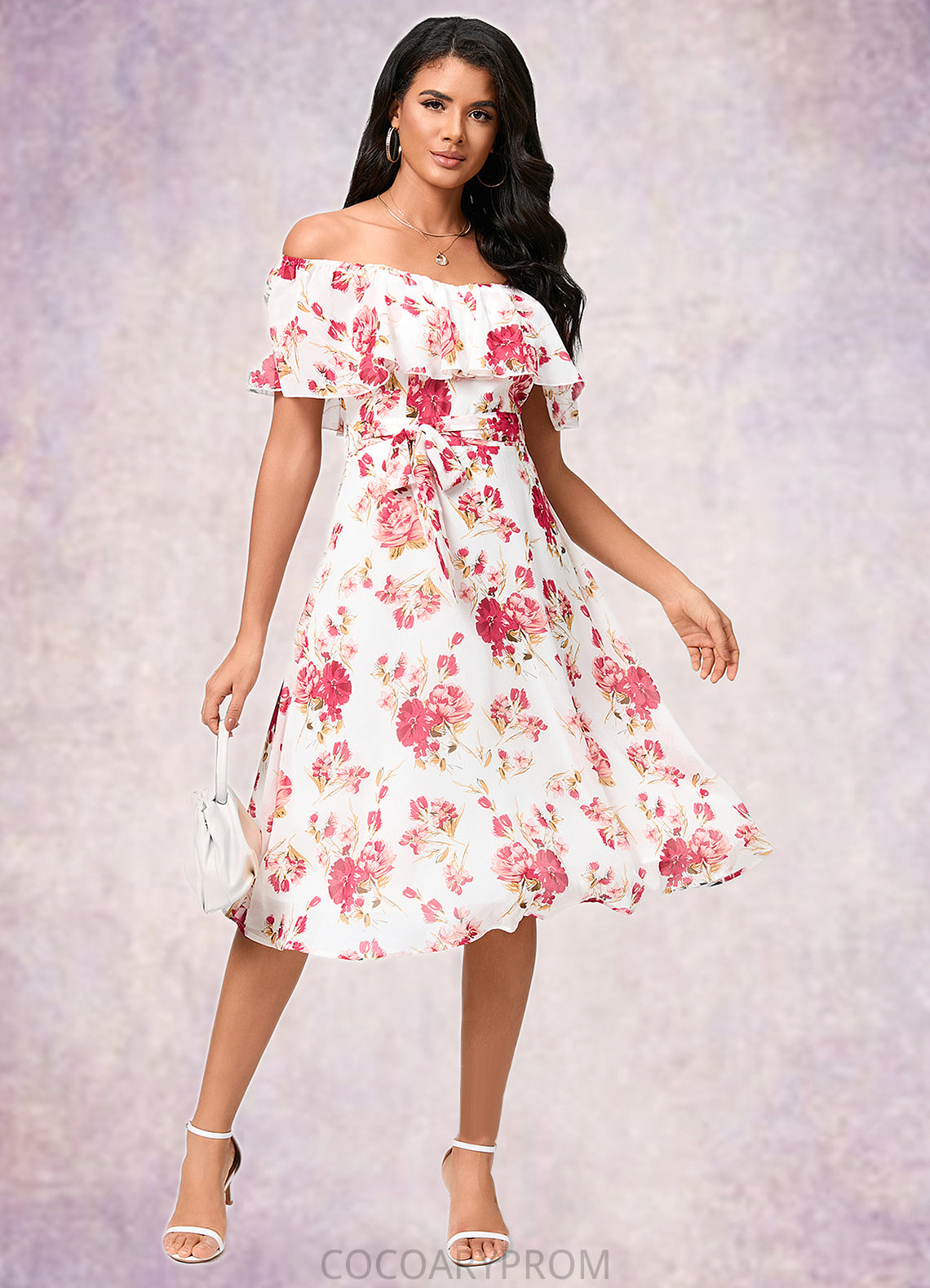 Madalyn A-line Off the Shoulder Knee-Length Chiffon Cocktail Dress With Bow DA8P0022337