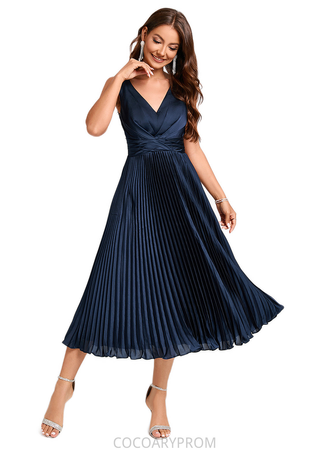 Annabelle A-line V-Neck Tea-Length Silky Satin Cocktail Dress With Pleated Ruffle DA8P0022341