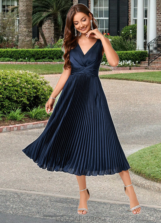 Madison A-line V-Neck Tea-Length Silky Satin Cocktail Dress With Pleated Ruffle DA8P0022341