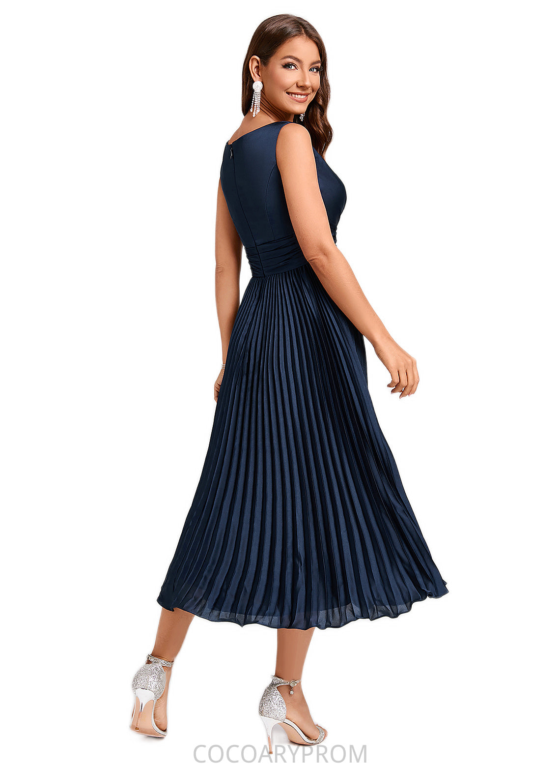 Annabelle A-line V-Neck Tea-Length Silky Satin Cocktail Dress With Pleated Ruffle DA8P0022341