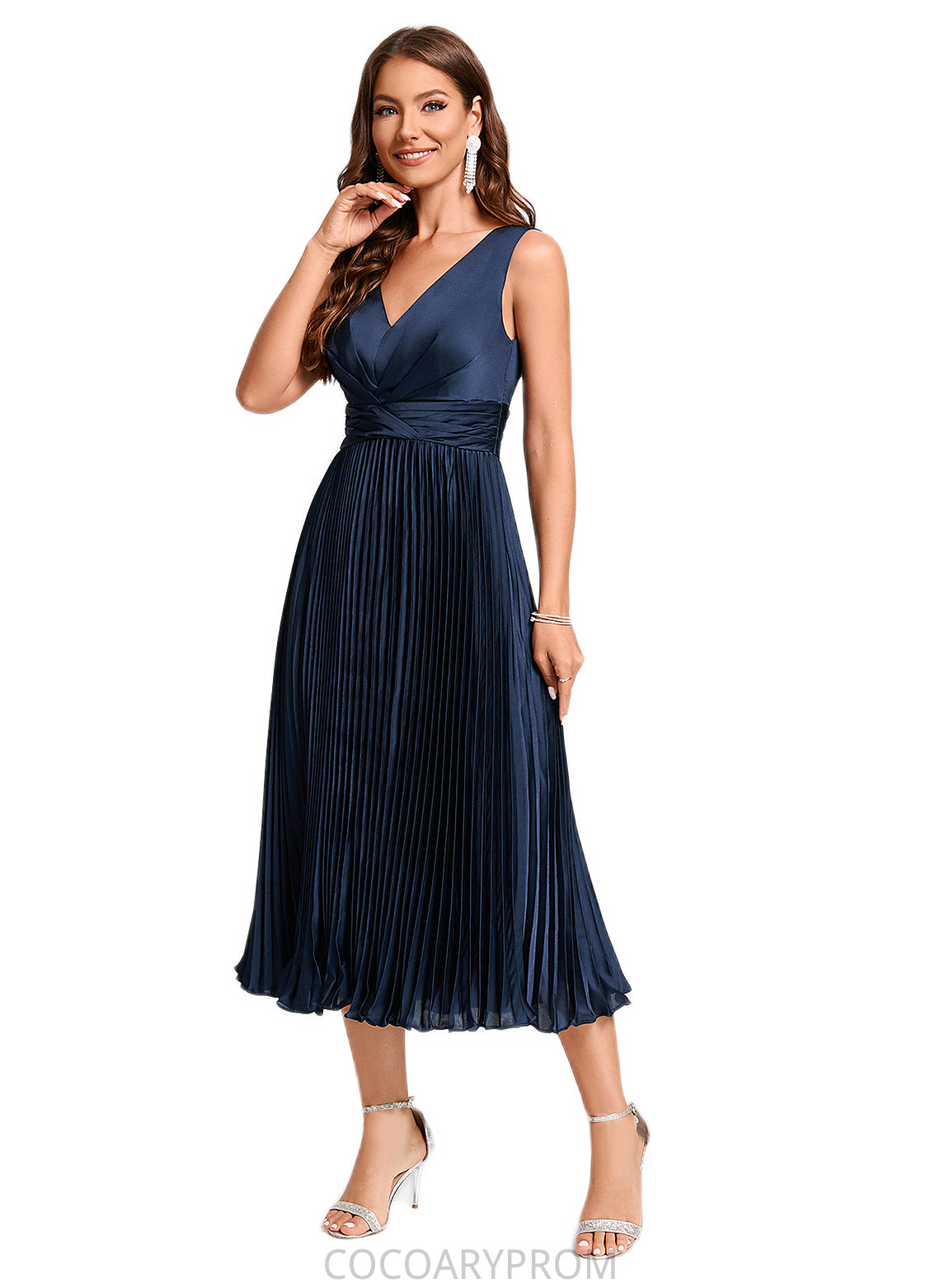 Annabelle A-line V-Neck Tea-Length Silky Satin Cocktail Dress With Pleated Ruffle DA8P0022341