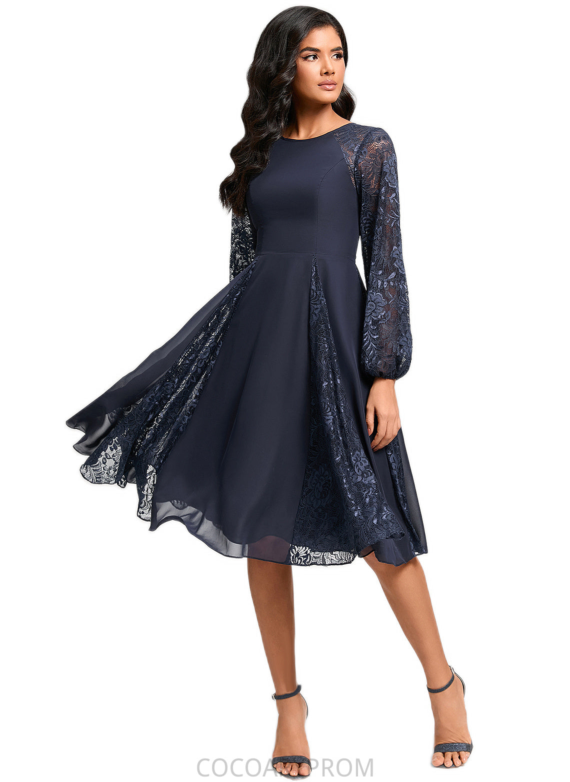 Melany A-line Scoop Knee-Length Chiffon Lace Cocktail Dress DA8P0022347