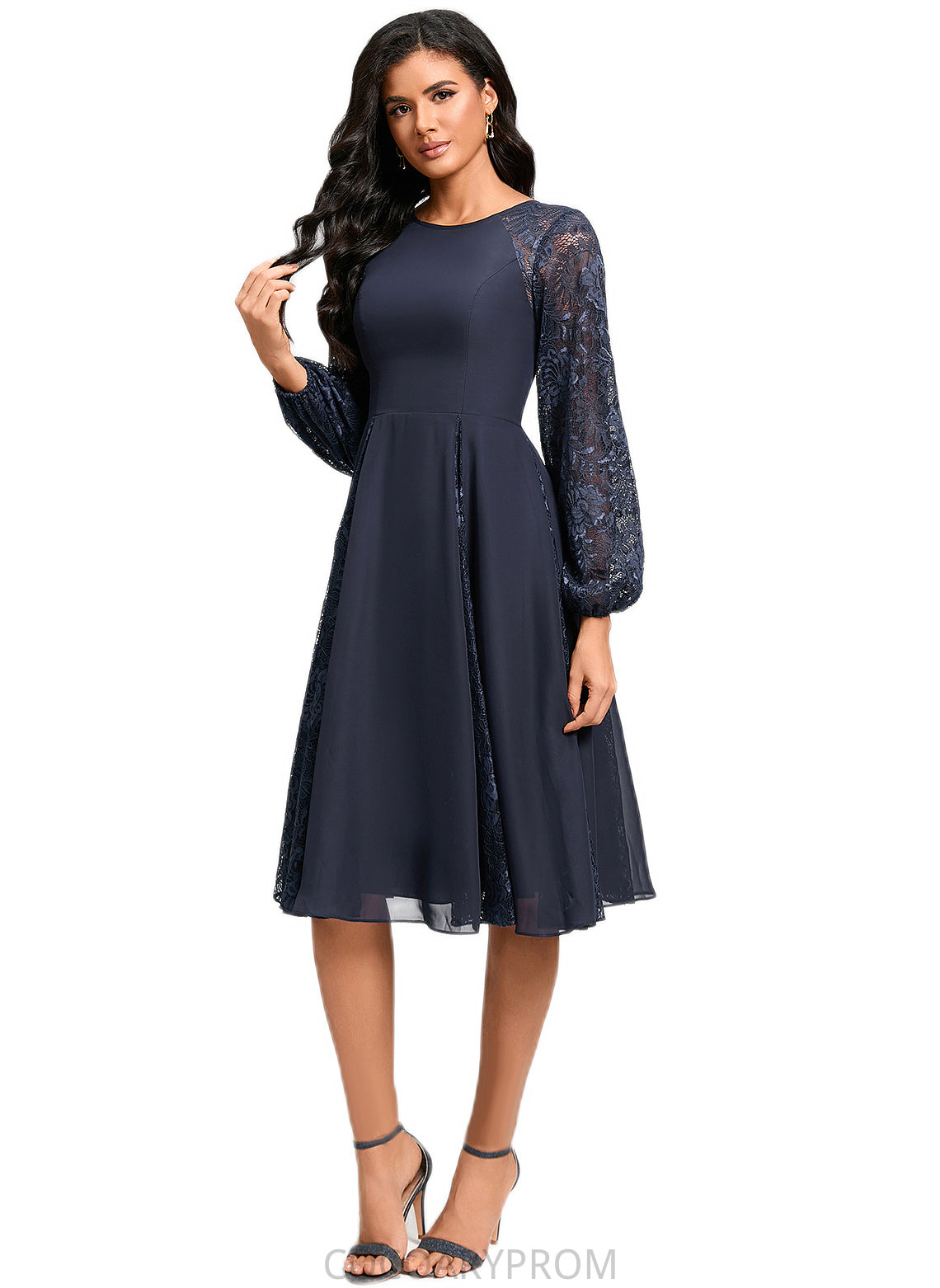 Melany A-line Scoop Knee-Length Chiffon Lace Cocktail Dress DA8P0022347