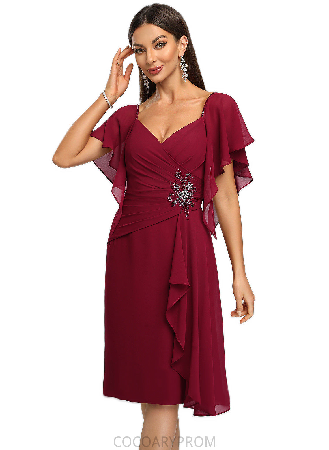 Liberty Sheath/Column V-Neck Knee-Length Chiffon Cocktail Dress With Beading Cascading Ruffles DA8P0022350