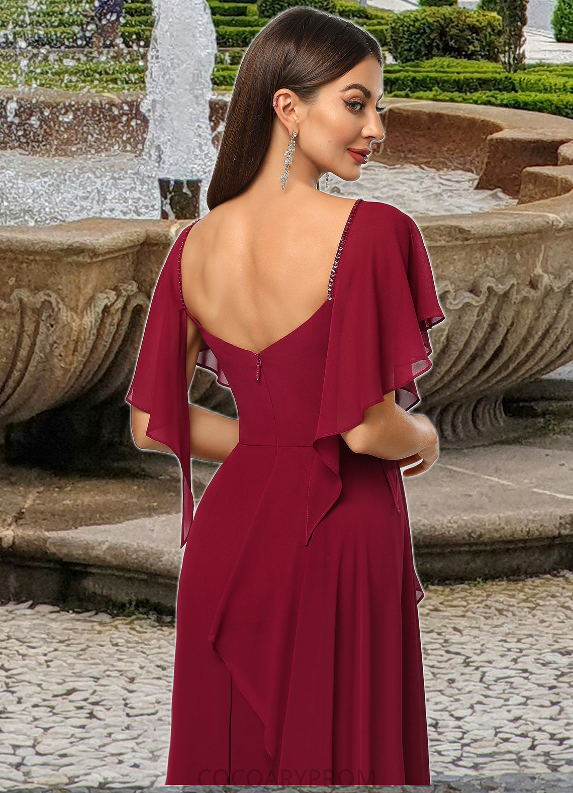 Cherish Sheath/Column V-Neck Knee-Length Chiffon Cocktail Dress With Beading Cascading Ruffles DA8P0022350