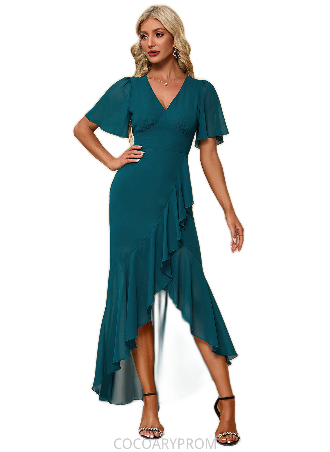 Michaelia Ruffle V-Neck Elegant Trumpet/Mermaid Chiffon Asymmetrical Dresses DA8P0022358