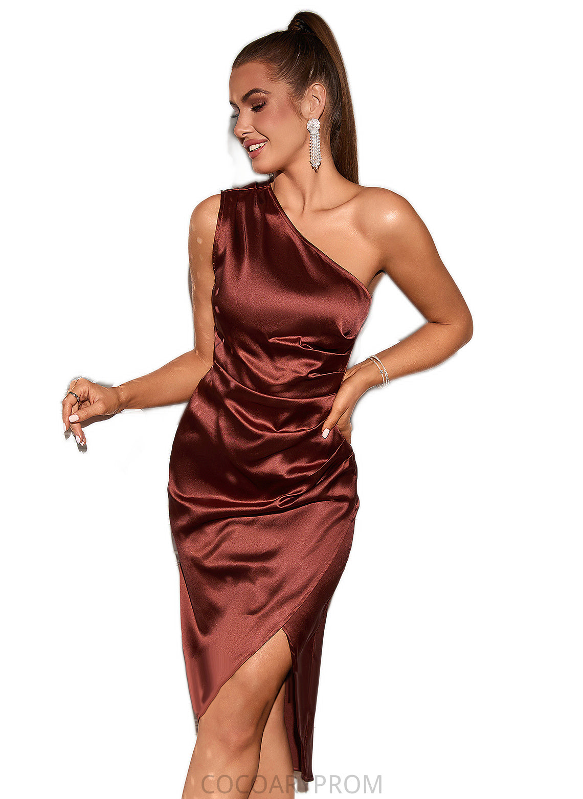 Natalee Ruffle One Shoulder Elegant Sheath/Column Satin Midi Dresses DA8P0022363