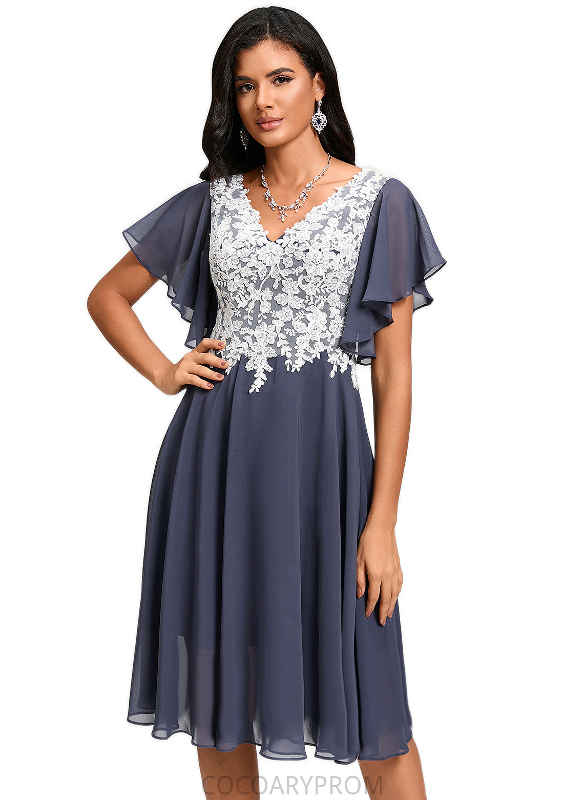 Zoey A-line V-Neck Knee-Length Chiffon Lace Cocktail Dress DA8P0022376