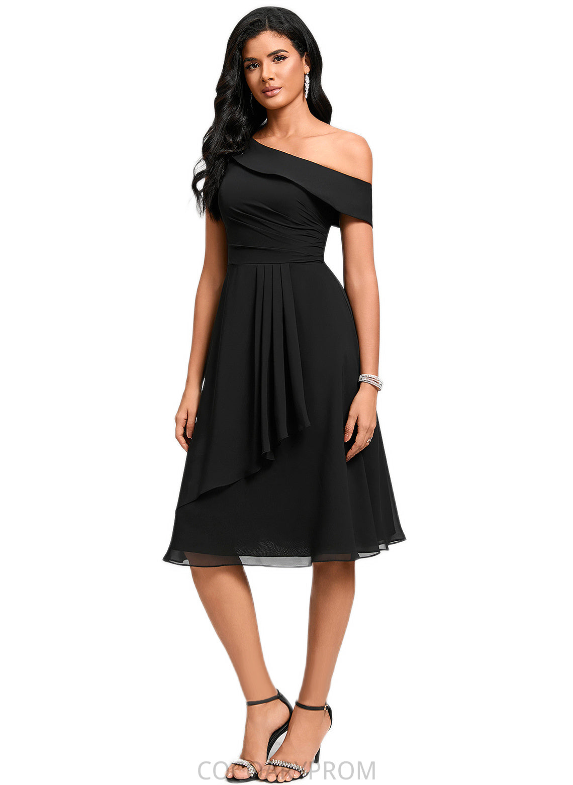 Madelynn A-line One Shoulder Tea-Length Chiffon Cocktail Dress With Ruffle DA8P0022378