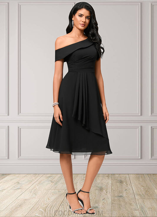 Jaiden A-line One Shoulder Tea-Length Chiffon Cocktail Dress With Ruffle DA8P0022378