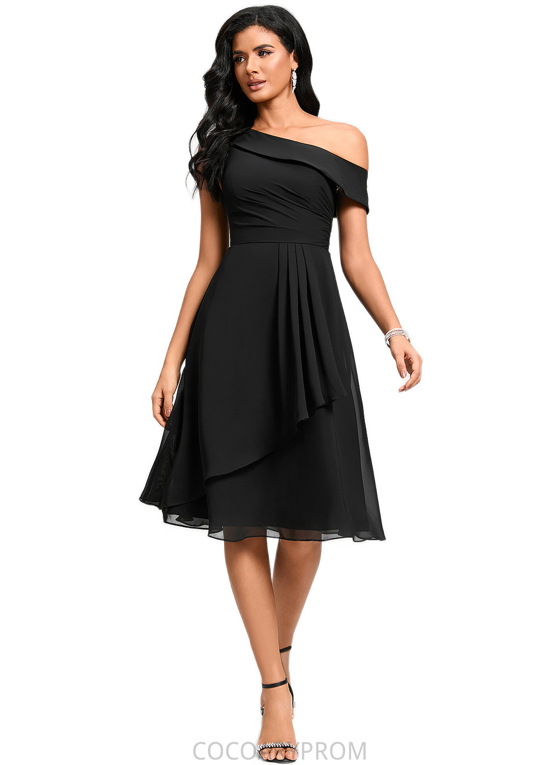 Madelynn A-line One Shoulder Tea-Length Chiffon Cocktail Dress With Ruffle DA8P0022378