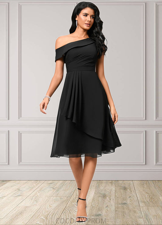 Jaiden A-line One Shoulder Tea-Length Chiffon Cocktail Dress With Ruffle DA8P0022378