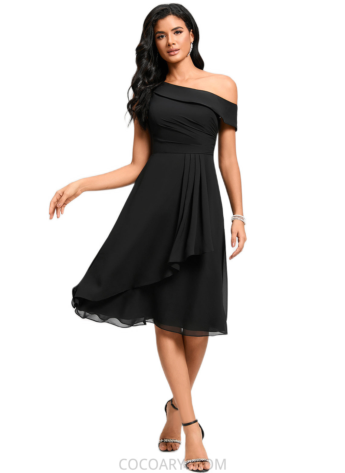 Madelynn A-line One Shoulder Tea-Length Chiffon Cocktail Dress With Ruffle DA8P0022378