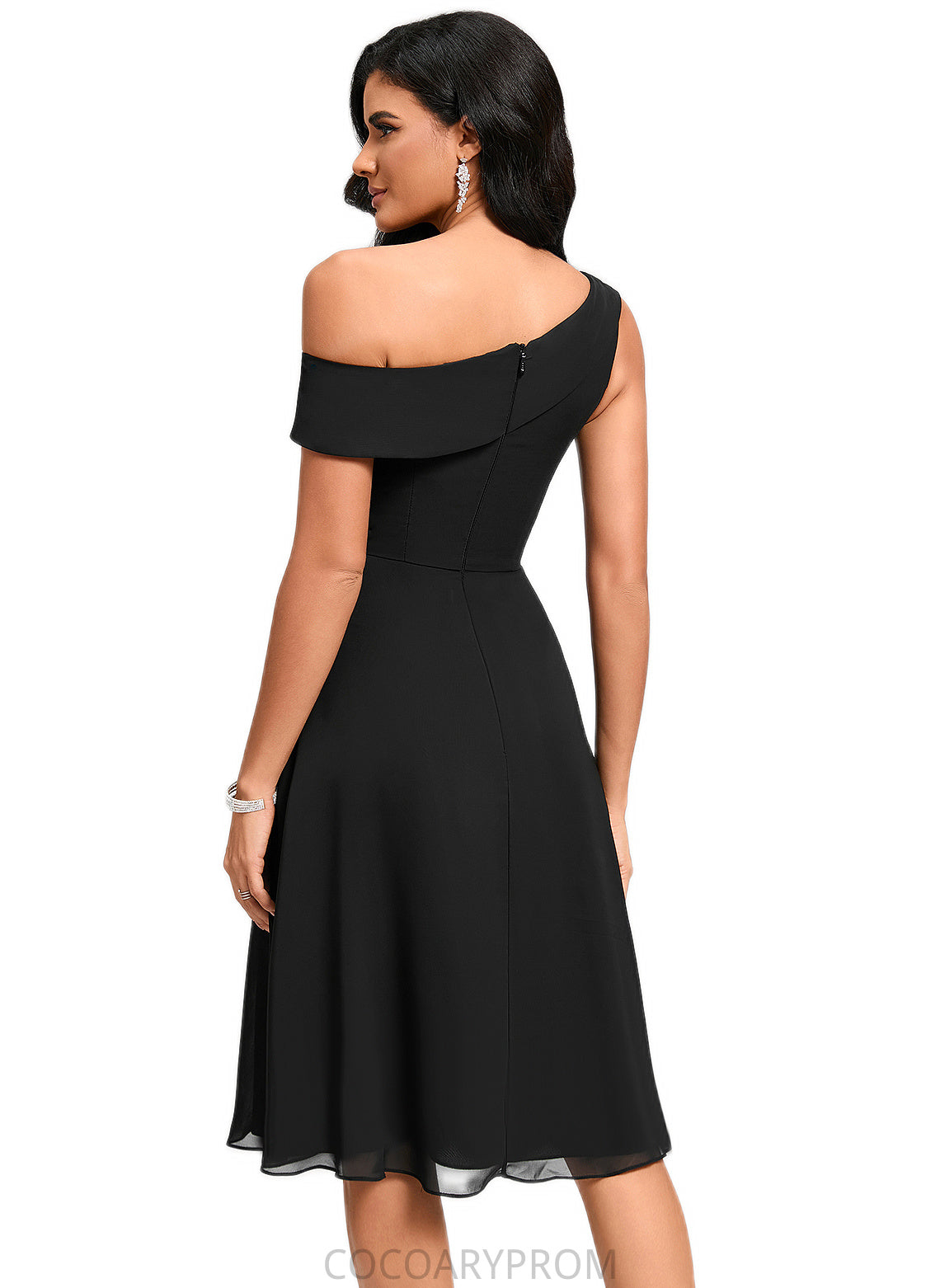 Madelynn A-line One Shoulder Tea-Length Chiffon Cocktail Dress With Ruffle DA8P0022378