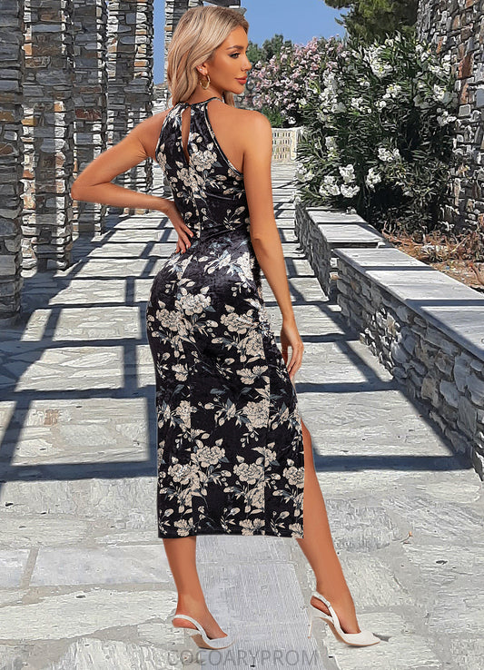 Rylie Floral Print Halter Elegant Bodycon Velvet Asymmetrical Dresses DA8P0022380