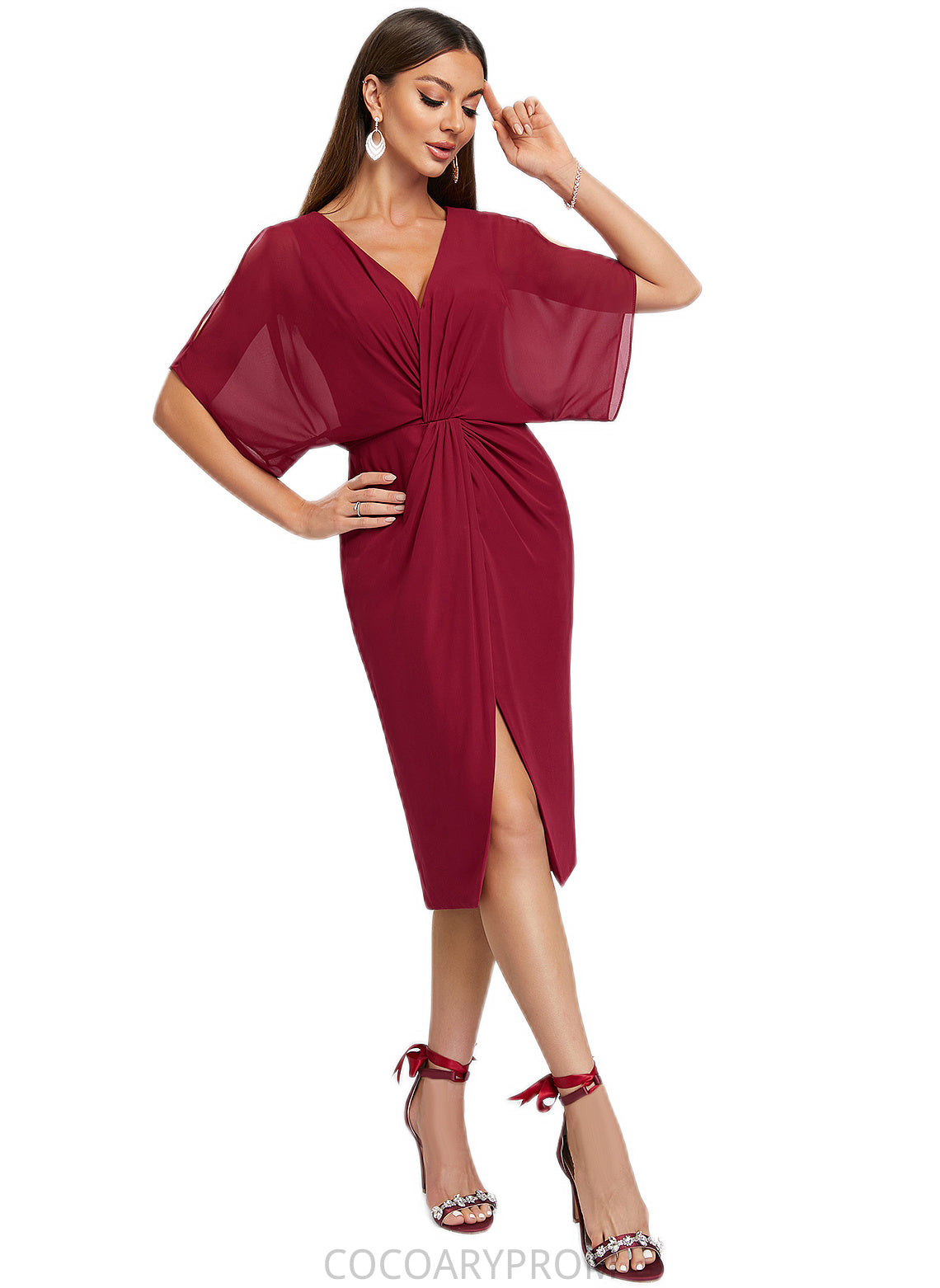 Kailyn Sheath/Column V-Neck Knee-Length Chiffon Cocktail Dress With Pleated DA8P0022386