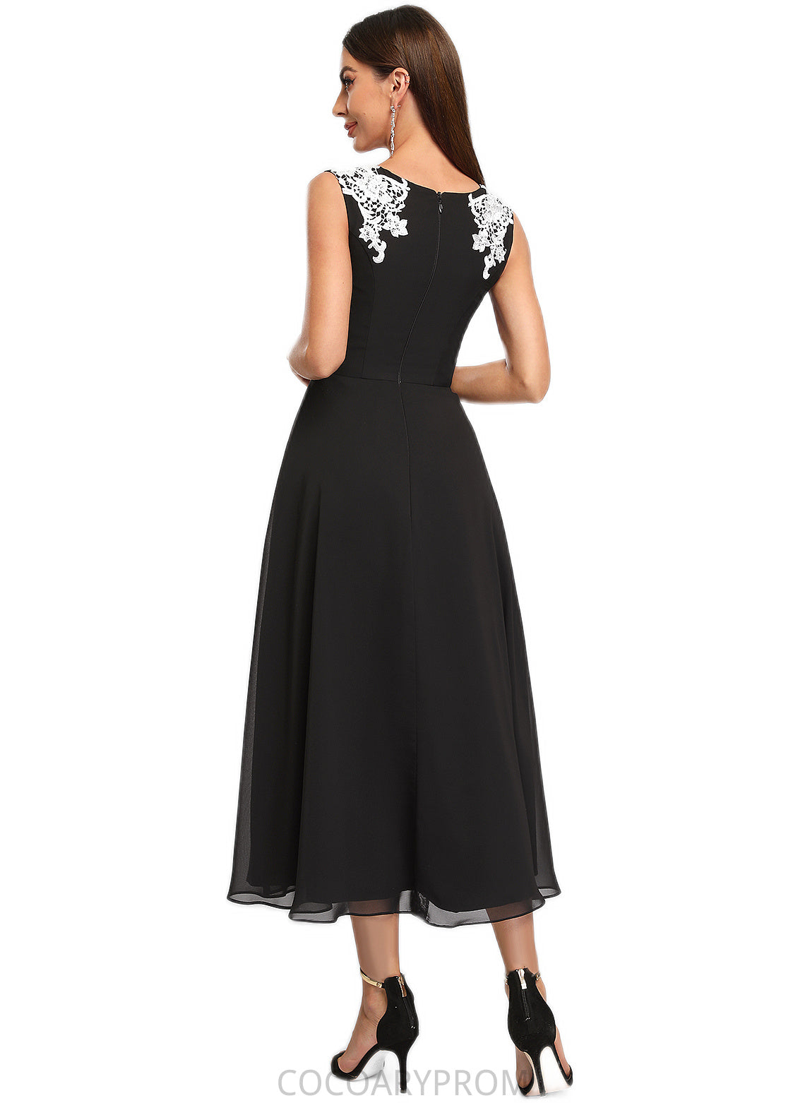 Jessie A-line V-Neck Tea-Length Chiffon Lace Cocktail Dress With Appliques Lace DA8P0022387