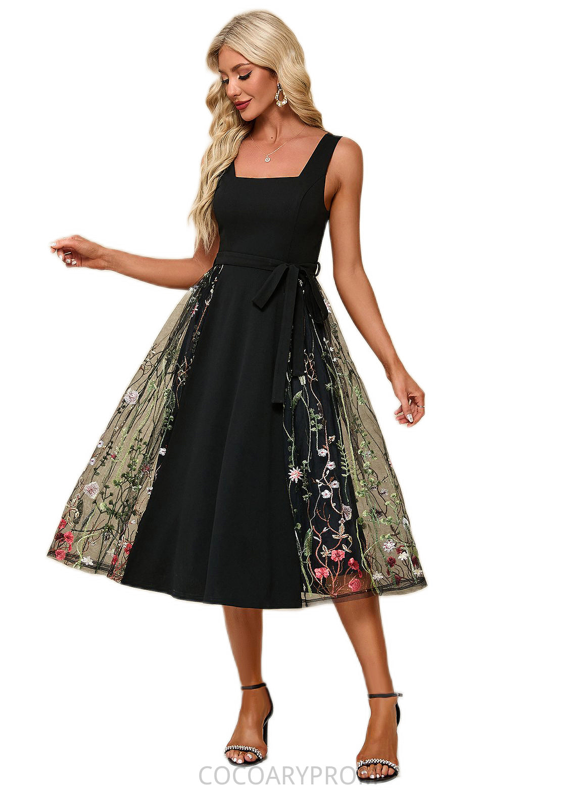 Helga Flower Jacquard Square Elegant A-line Polyester Tulle Midi Dresses DA8P0022392