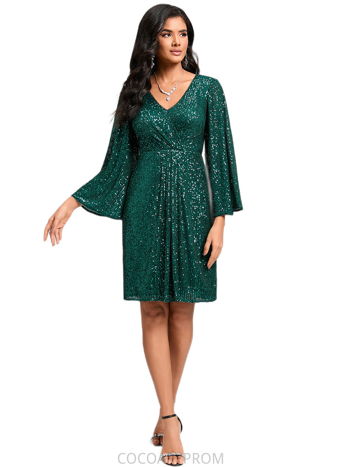 Mariyah Sheath/Column V-Neck Knee-Length Sequin Cocktail Dress With Ruffle DA8P0022400