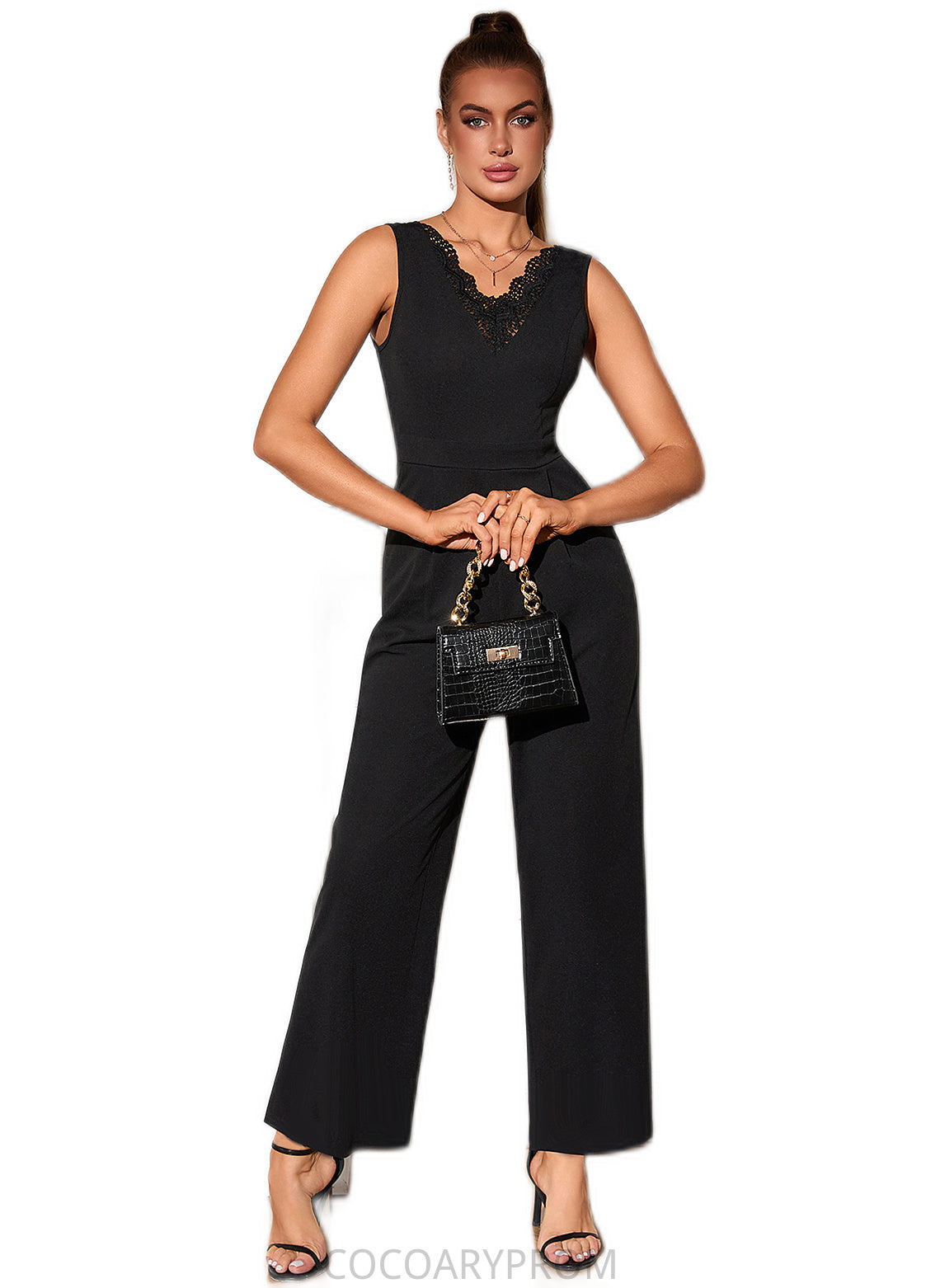 Ada Jacquard V-Neck Elegant Jumpsuit/Pantsuit Polyester Maxi Dresses DA8P0022404