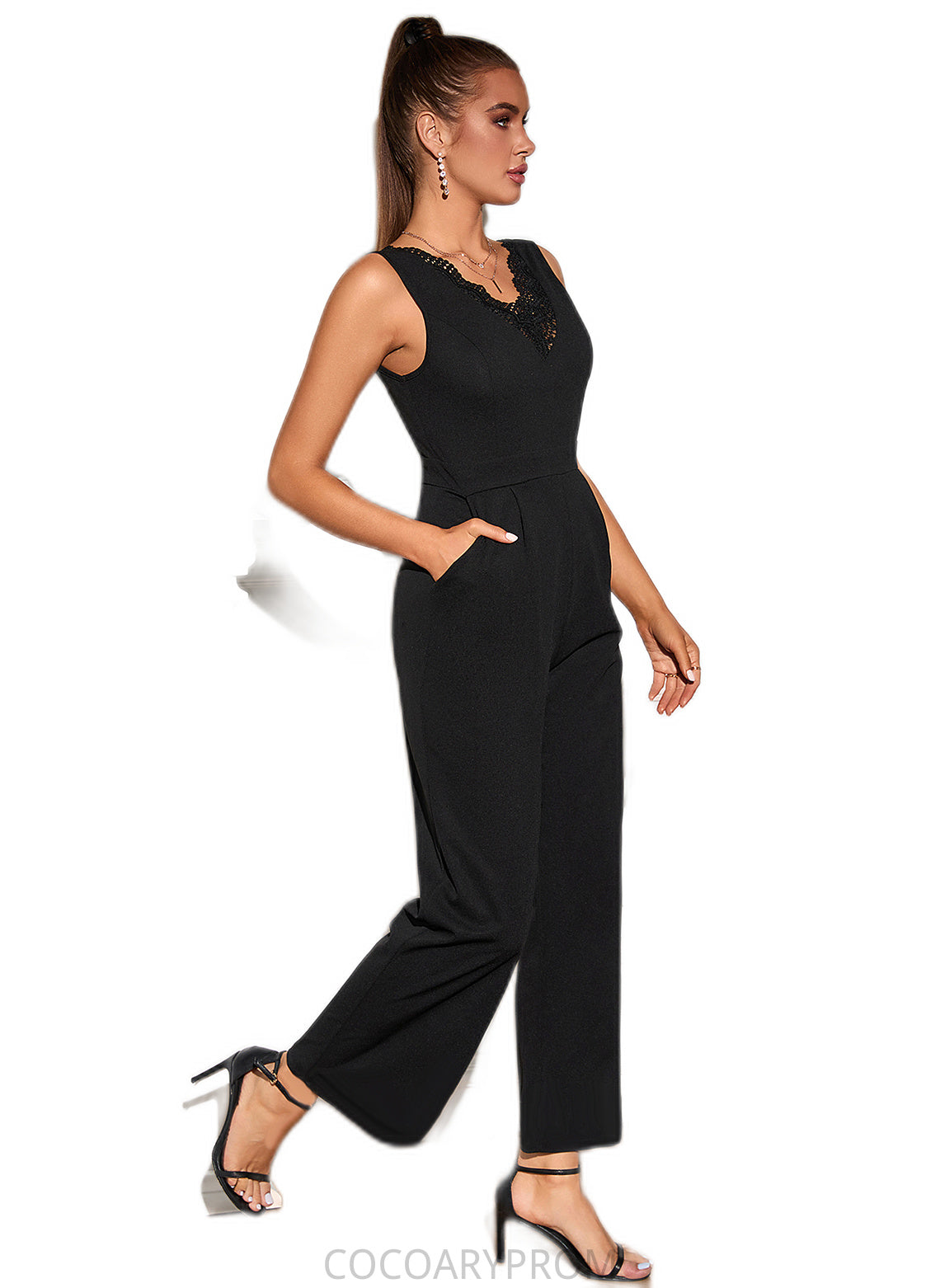 Ada Jacquard V-Neck Elegant Jumpsuit/Pantsuit Polyester Maxi Dresses DA8P0022404