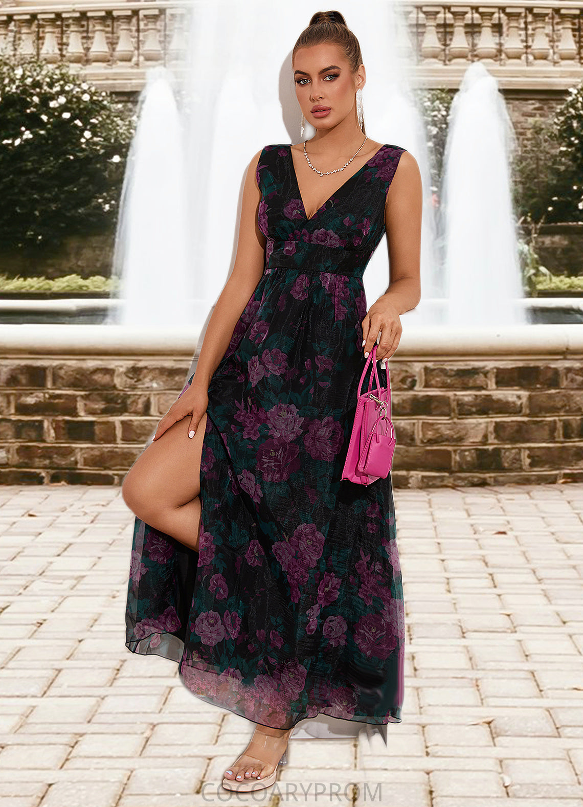 Ella Floral Print V-Neck Elegant A-line Organza Maxi Dresses DA8P0022406