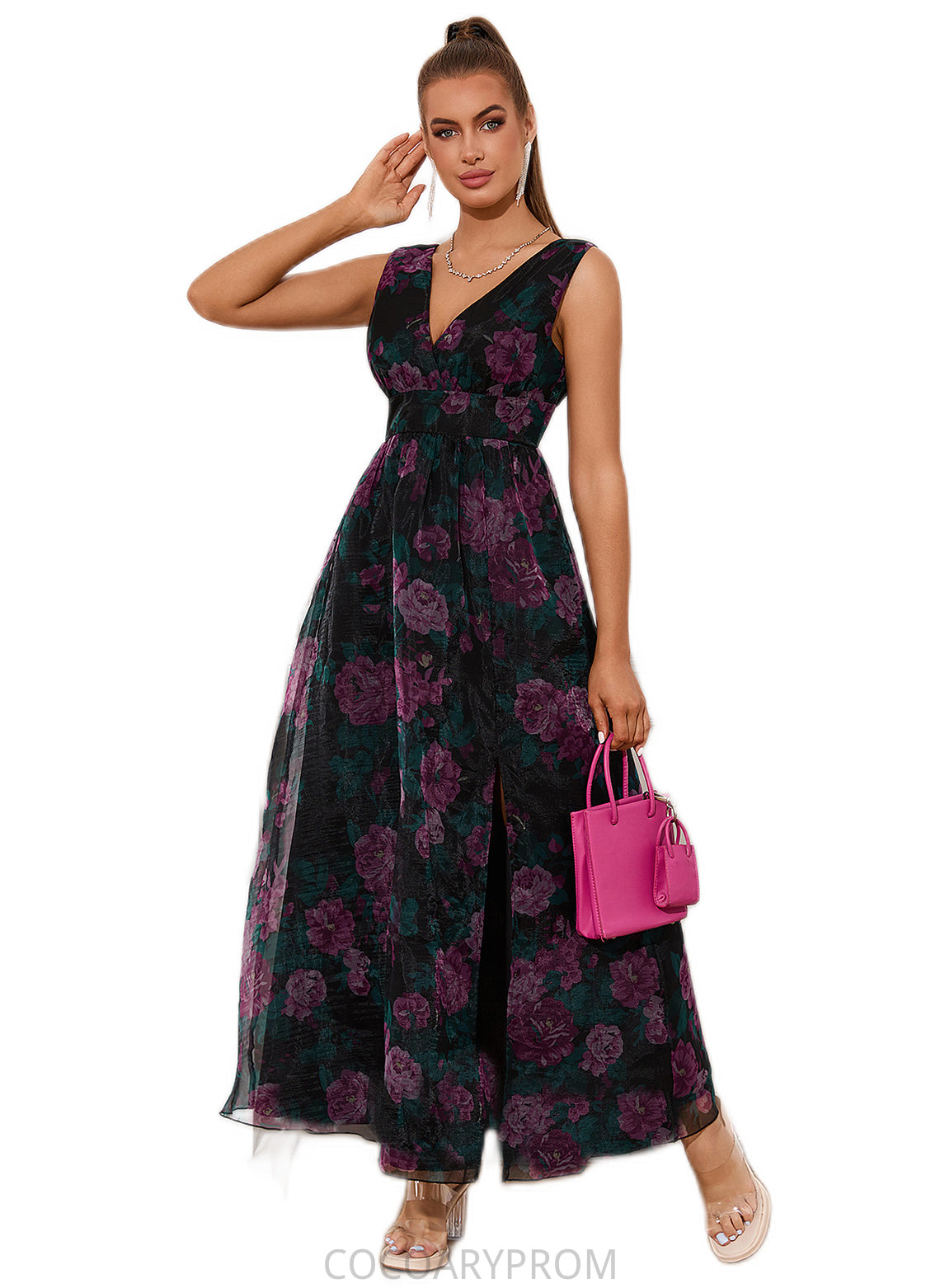 Millicent Floral Print V-Neck Elegant A-line Organza Maxi Dresses DA8P0022406