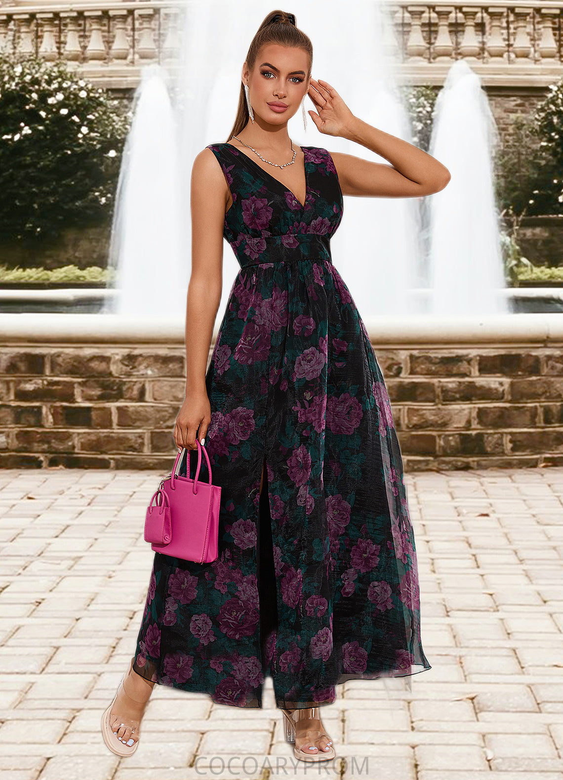 Ella Floral Print V-Neck Elegant A-line Organza Maxi Dresses DA8P0022406