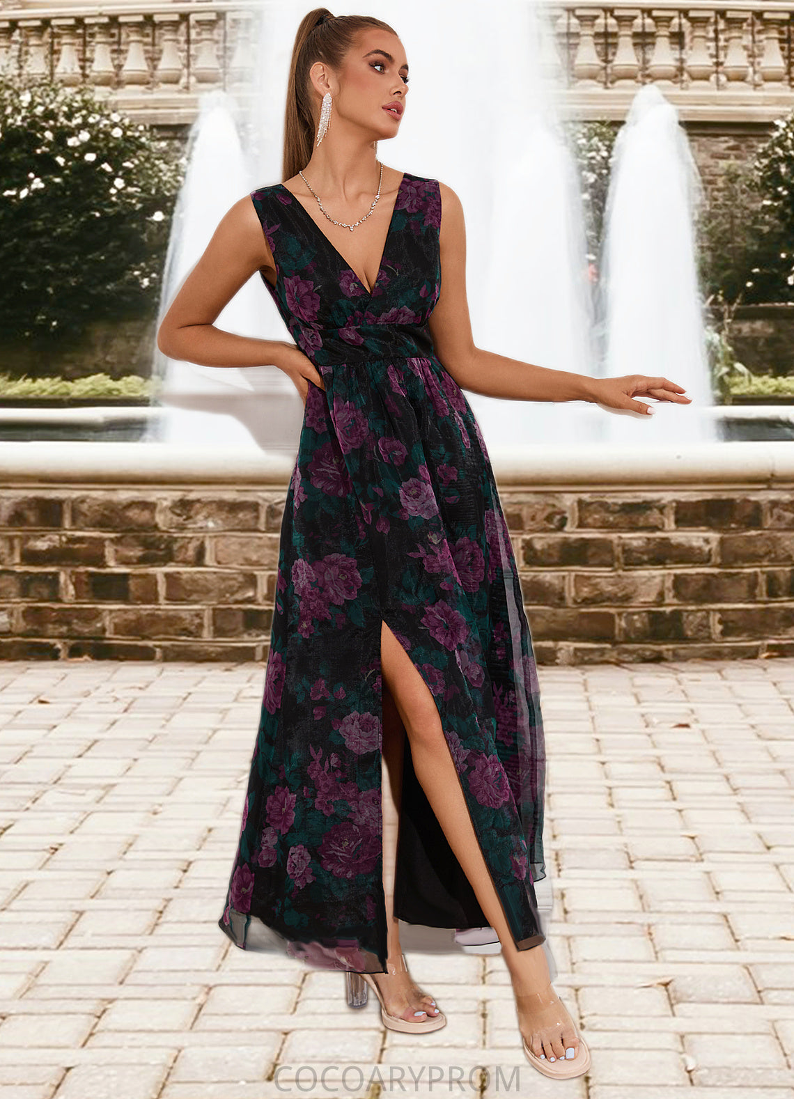 Ella Floral Print V-Neck Elegant A-line Organza Maxi Dresses DA8P0022406