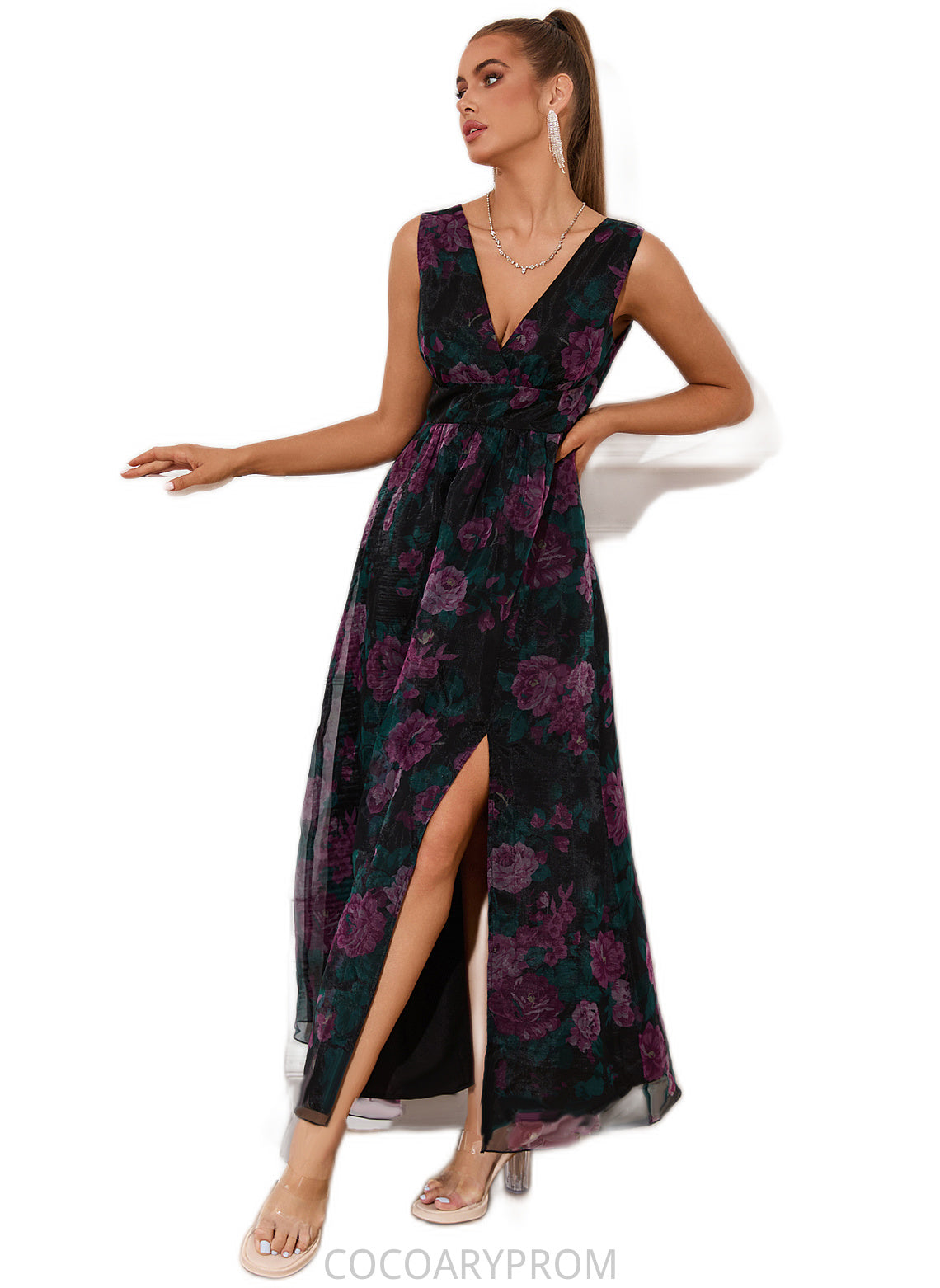 Millicent Floral Print V-Neck Elegant A-line Organza Maxi Dresses DA8P0022406