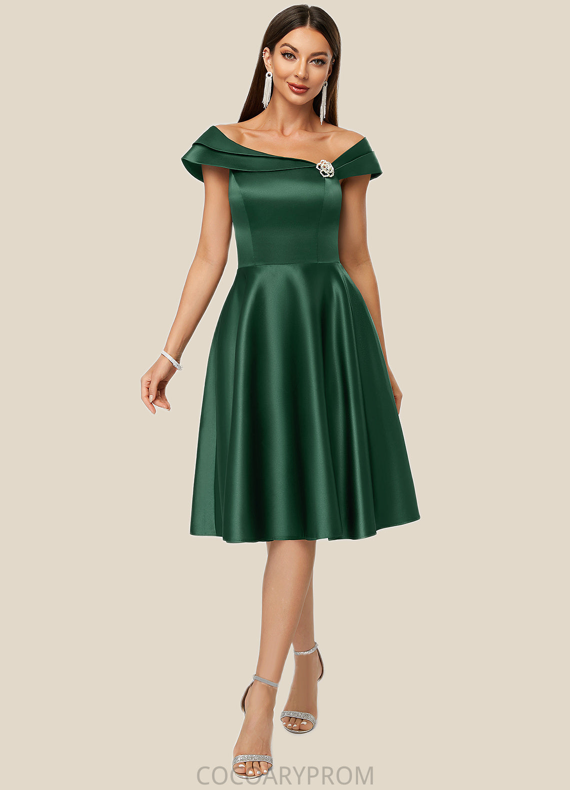 Chana A-line Asymmetrical Knee-Length Satin Cocktail Dress With Rhinestone Crystal Brooch DA8P0022407