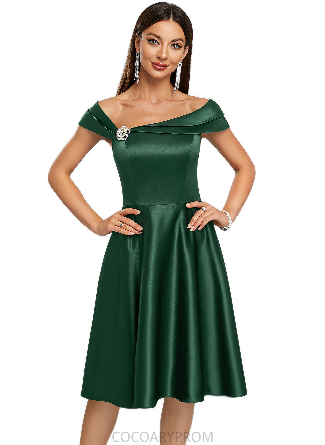 Margery A-line Asymmetrical Knee-Length Satin Cocktail Dress With Rhinestone Crystal Brooch DA8P0022407