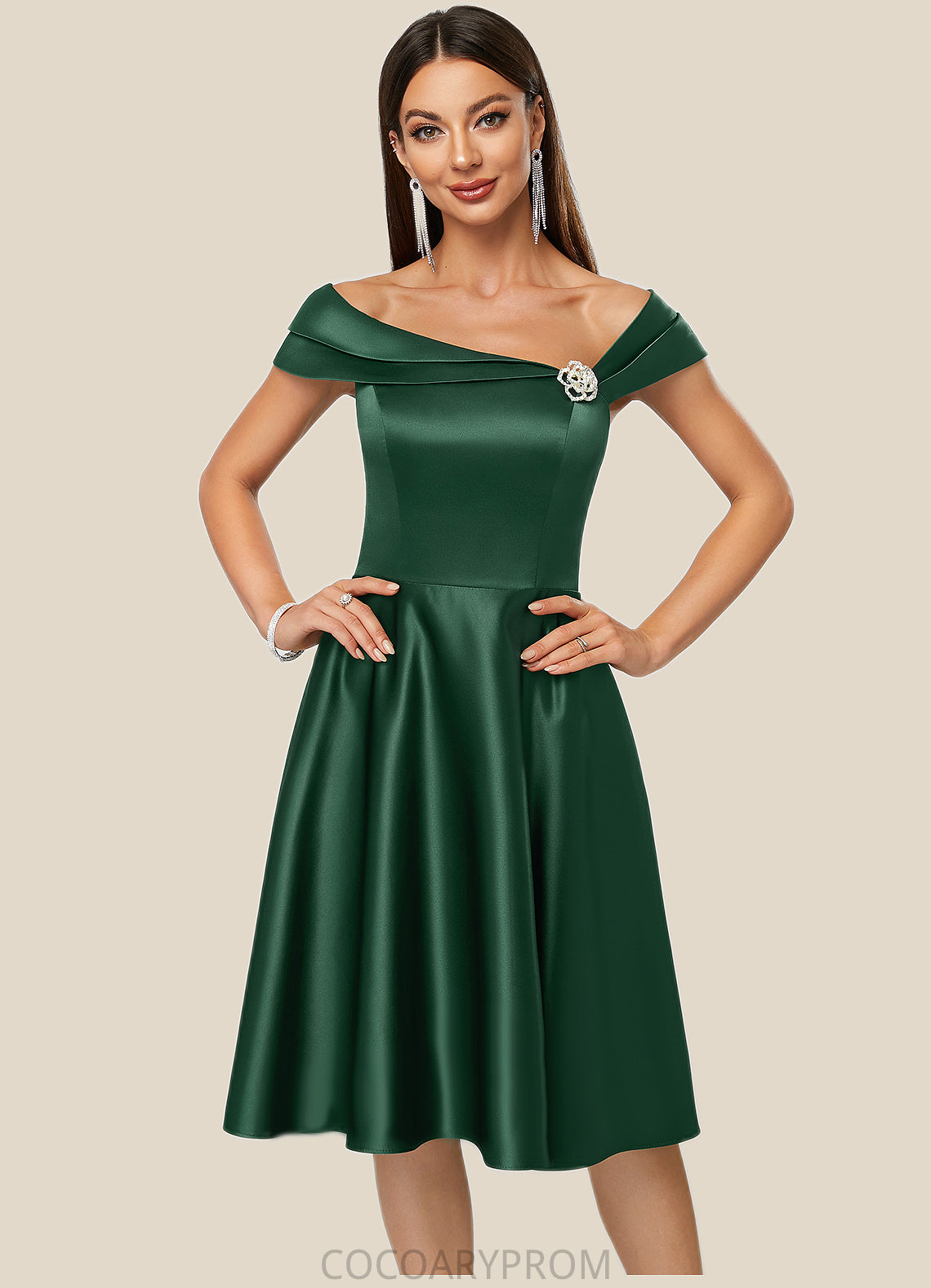 Chana A-line Asymmetrical Knee-Length Satin Cocktail Dress With Rhinestone Crystal Brooch DA8P0022407