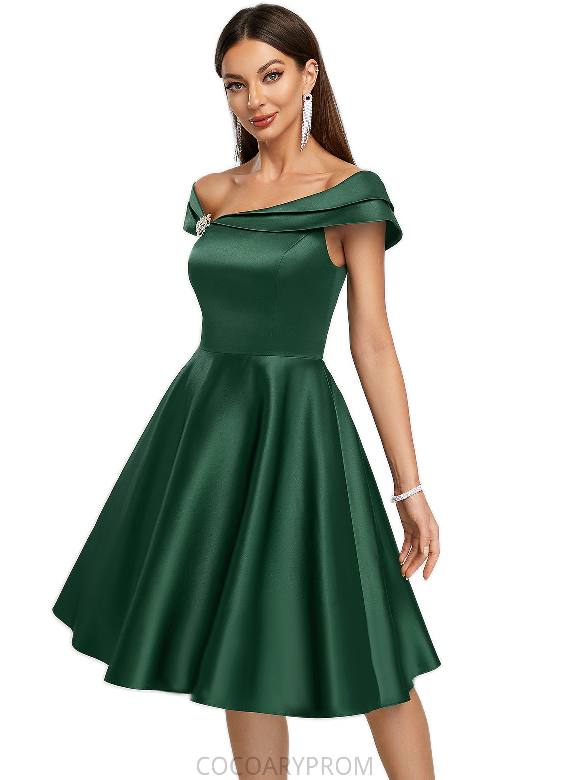 Margery A-line Asymmetrical Knee-Length Satin Cocktail Dress With Rhinestone Crystal Brooch DA8P0022407