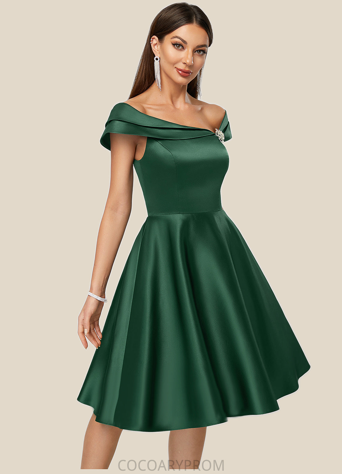 Chana A-line Asymmetrical Knee-Length Satin Cocktail Dress With Rhinestone Crystal Brooch DA8P0022407