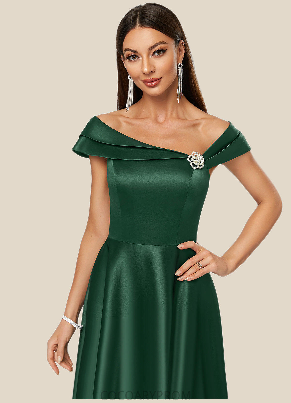 Chana A-line Asymmetrical Knee-Length Satin Cocktail Dress With Rhinestone Crystal Brooch DA8P0022407