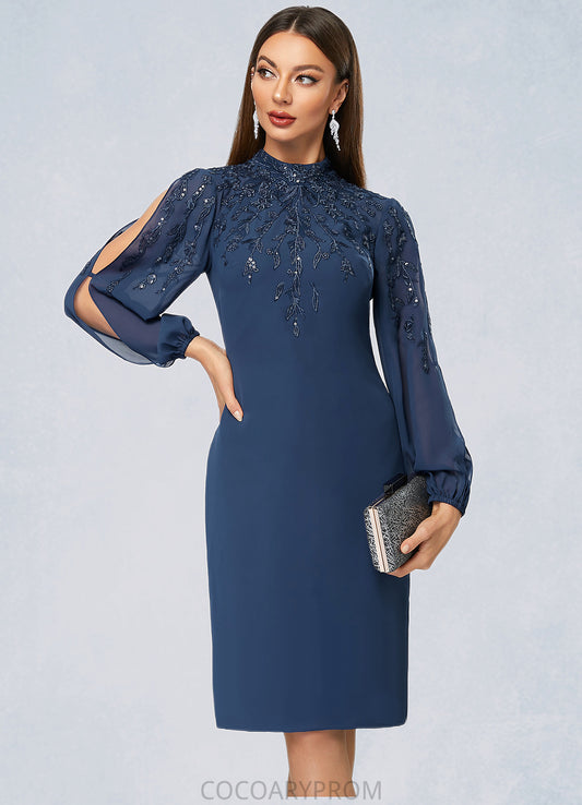 Madilyn Sheath/Column High Neck Knee-Length Chiffon Cocktail Dress With Appliques Lace Sequins DA8P0022408