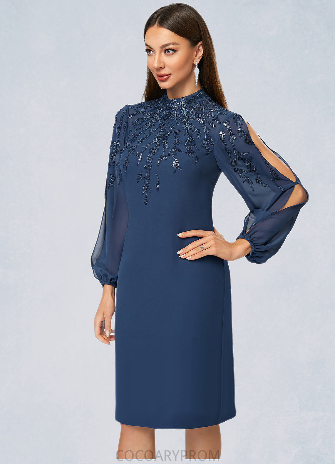 Madilyn Sheath/Column High Neck Knee-Length Chiffon Cocktail Dress With Appliques Lace Sequins DA8P0022408