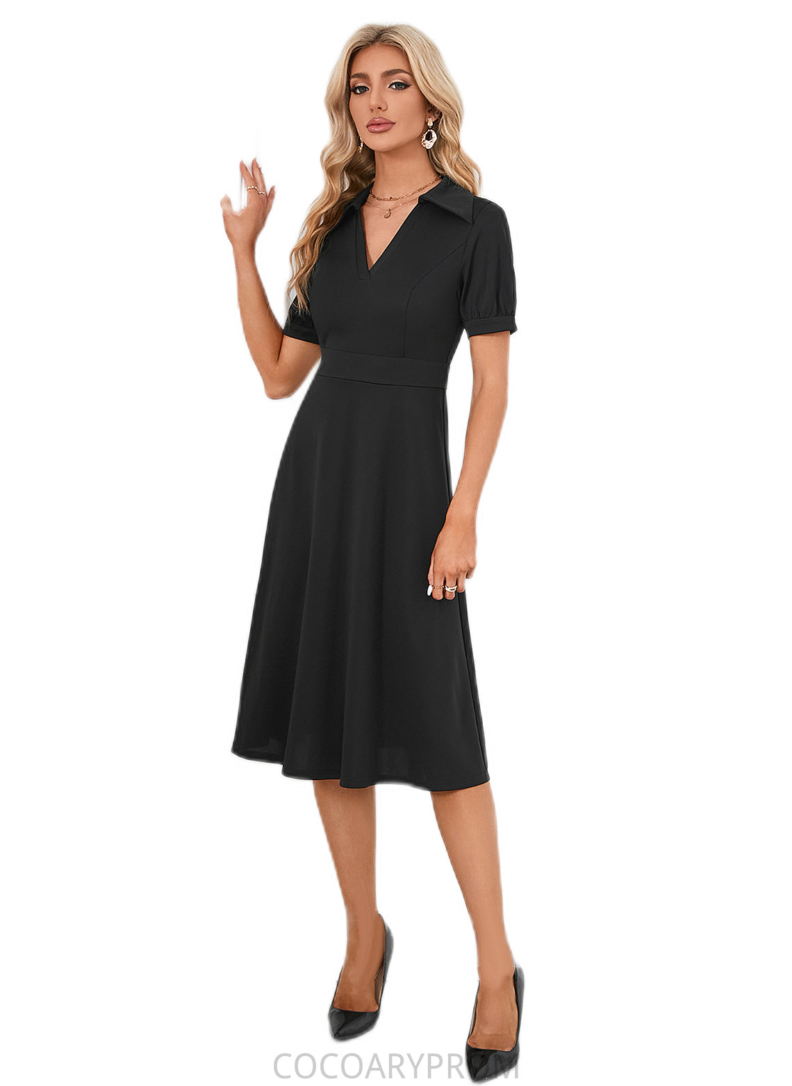 Ana V-Neck Elegant A-line Cotton Blends Midi Dresses DA8P0022412