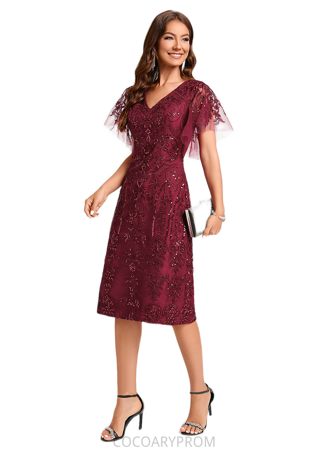 Ashly A-line Off the Shoulder Knee-Length Lace Sequin Cocktail Dress With Sequins DA8P0022420