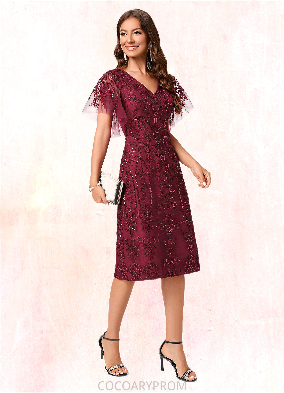 Janae A-line Off the Shoulder Knee-Length Lace Sequin Cocktail Dress With Sequins DA8P0022420