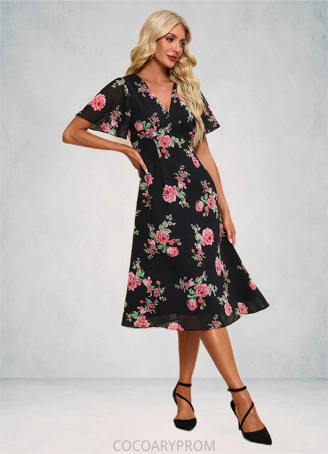 Amy Floral Print V-Neck Elegant A-line Chiffon Midi Dresses DA8P0022424