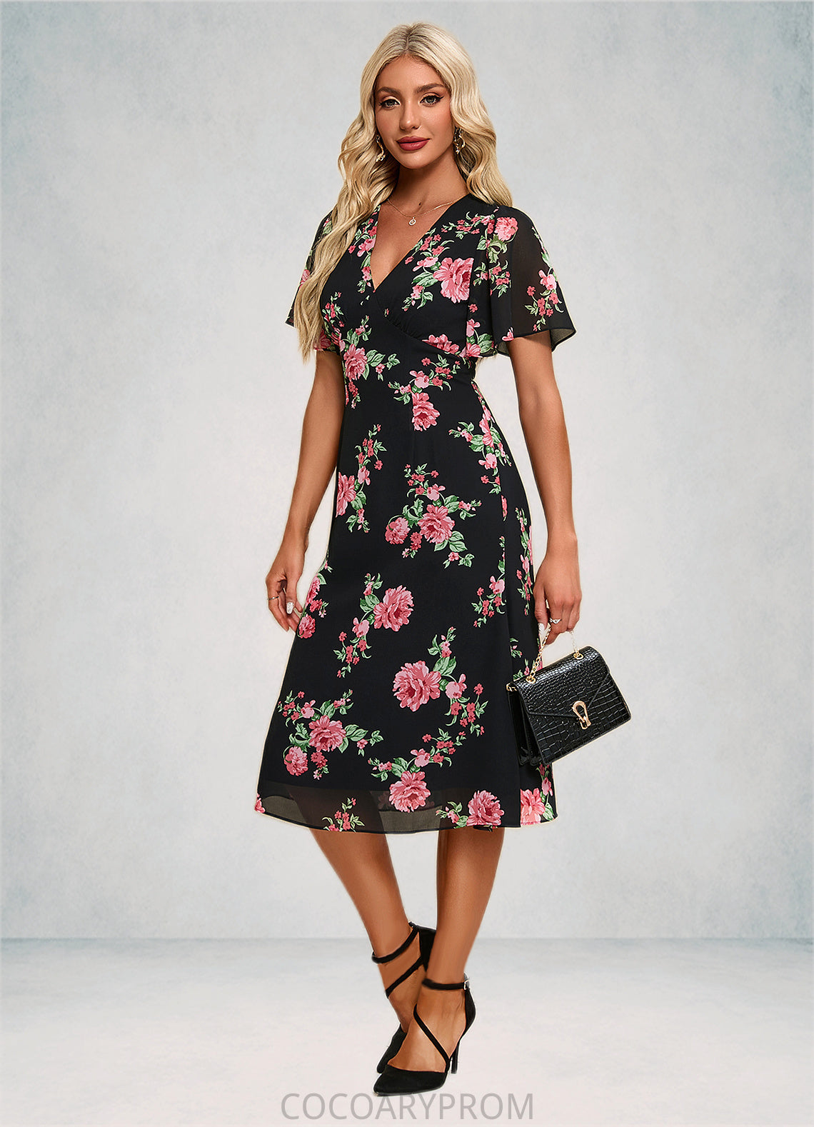 Amy Floral Print V-Neck Elegant A-line Chiffon Midi Dresses DA8P0022424