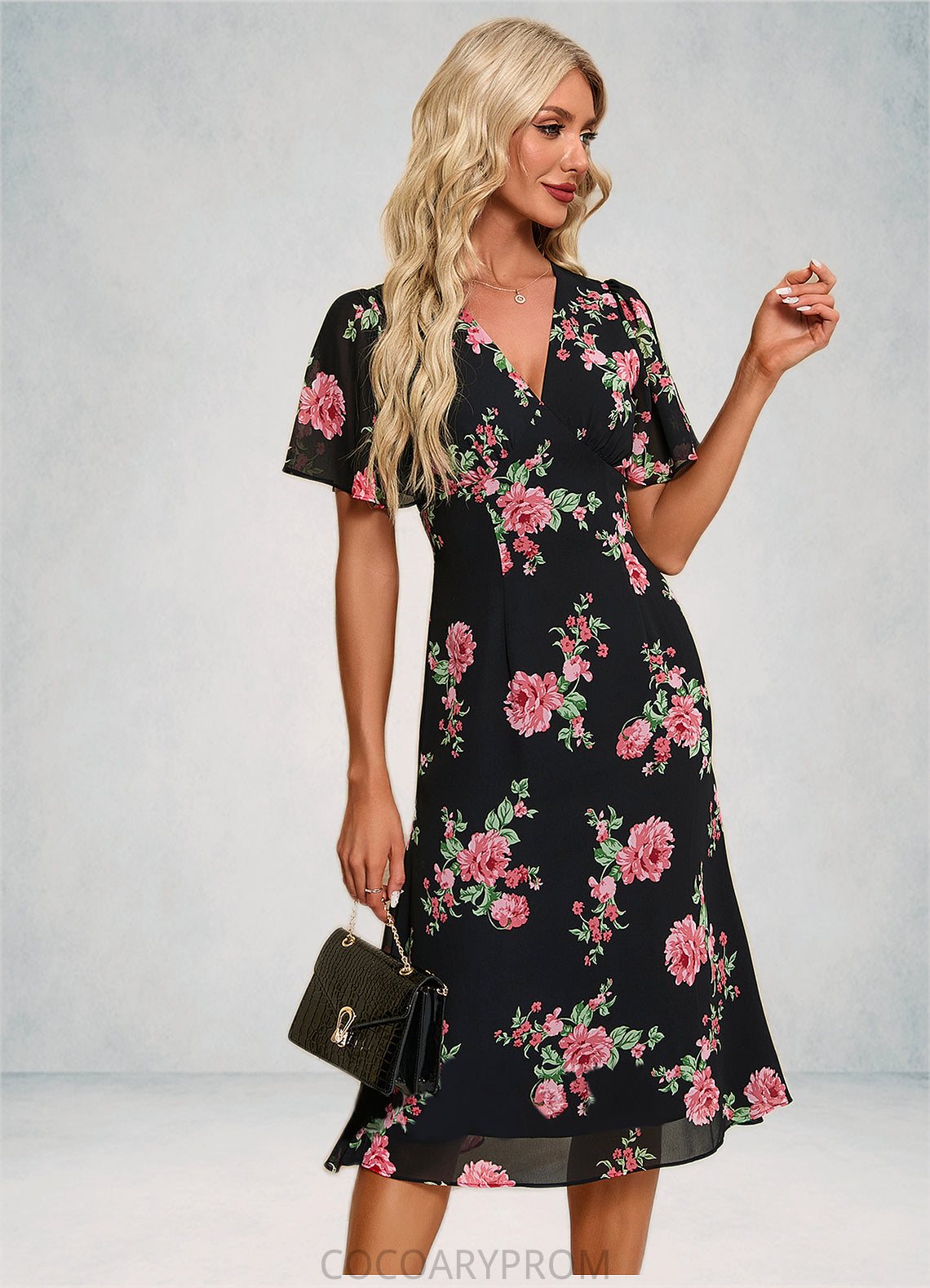 Amy Floral Print V-Neck Elegant A-line Chiffon Midi Dresses DA8P0022424