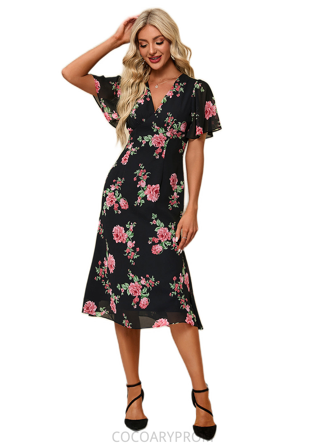 Desirae Floral Print V-Neck Elegant A-line Chiffon Midi Dresses DA8P0022424