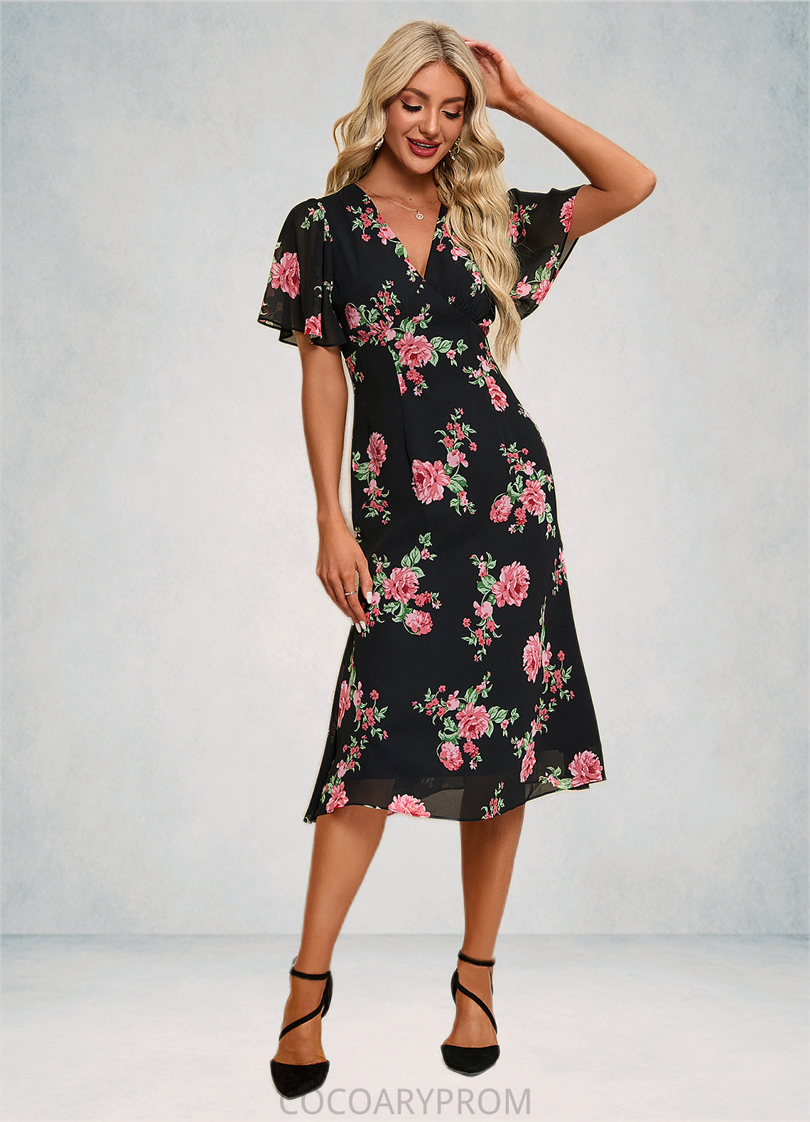 Amy Floral Print V-Neck Elegant A-line Chiffon Midi Dresses DA8P0022424