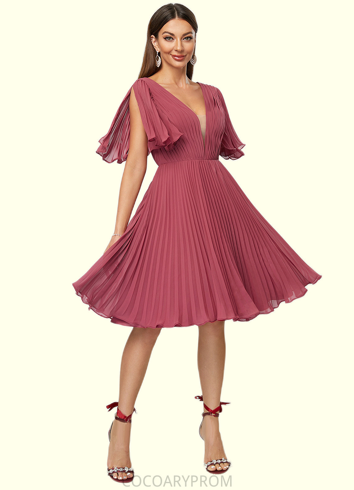 Alaina A-line V-Neck Knee-Length Chiffon Cocktail Dress With Pleated DA8P0022429