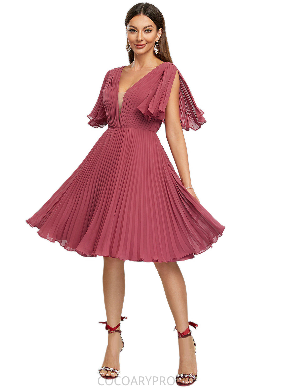 Maritza A-line V-Neck Knee-Length Chiffon Cocktail Dress With Pleated DA8P0022429