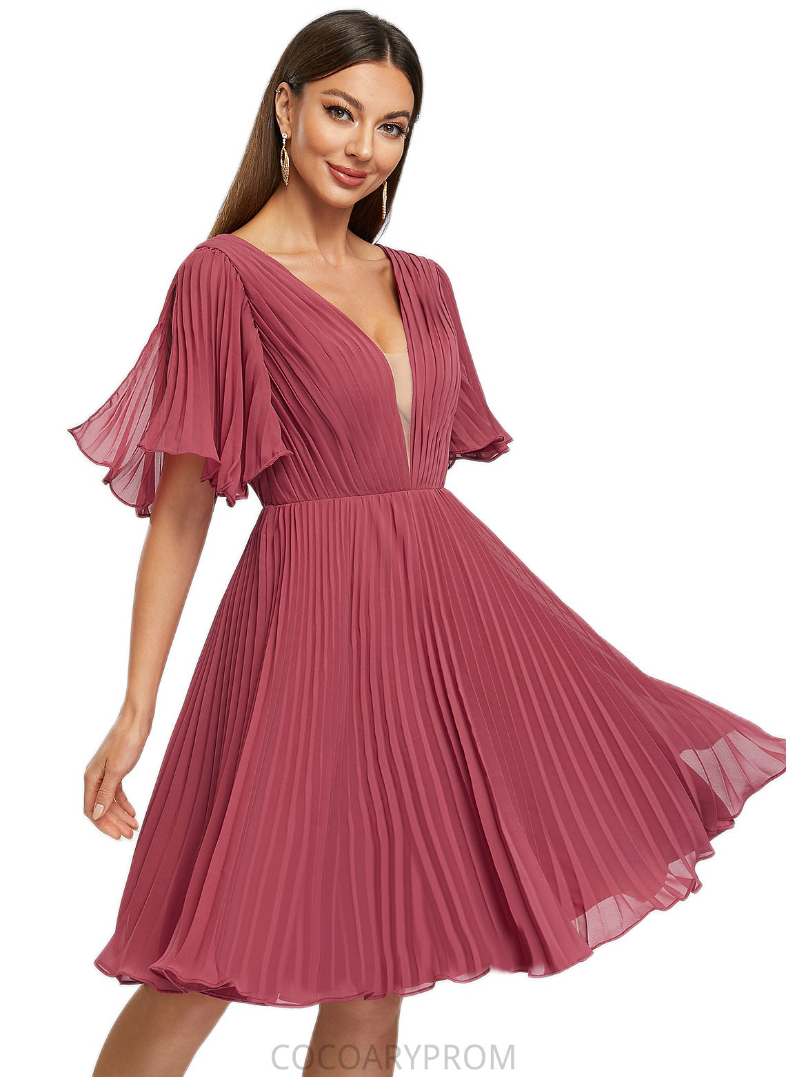 Maritza A-line V-Neck Knee-Length Chiffon Cocktail Dress With Pleated DA8P0022429